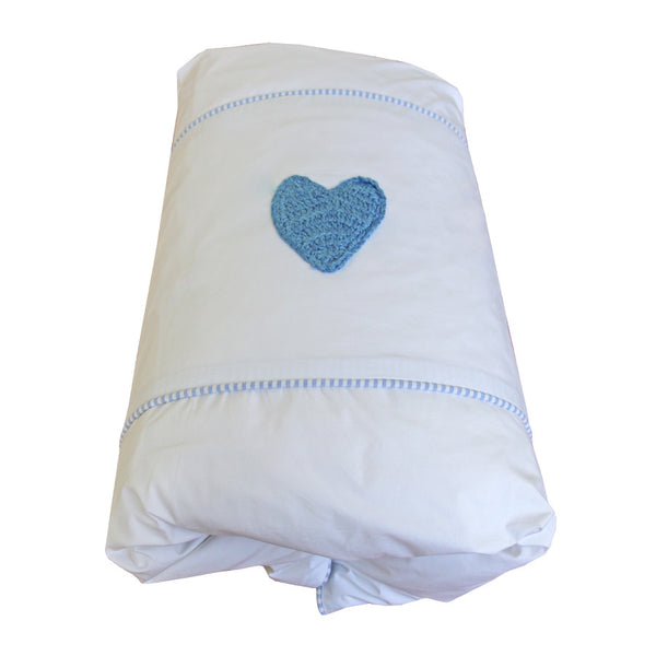 Cot Duvet Cover- Blue Hand-crocheted Heart - Linen- Baby Belle