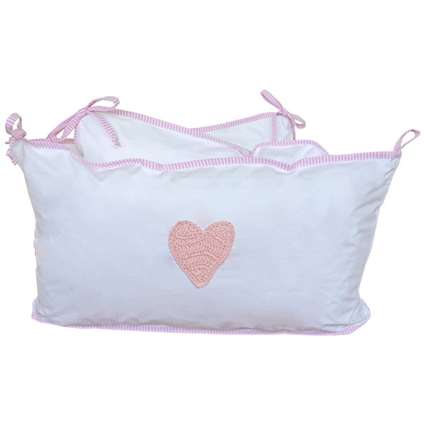 Cot Bumper- Pink Stripe Hand-crocheted Heart - Linen- Baby Belle