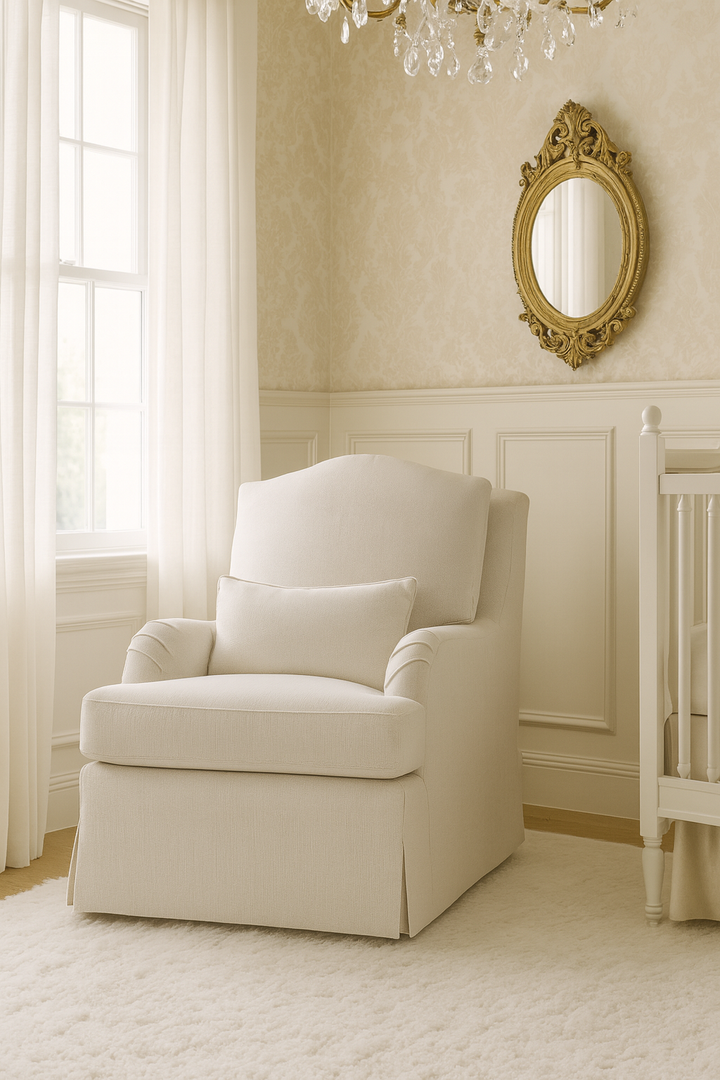 Baby Belle Balmoral Chair in cream slipcover with optional glider/swivel base – luxury nursing and feeding chair South Africa