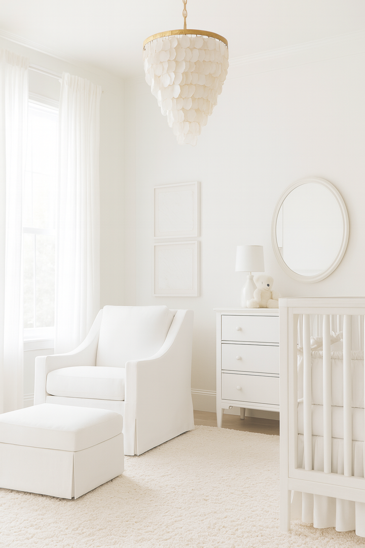 Baby Belle Dahlia Glider Chair with matching ottoman in white slipcover fabric, styled in a luxury all-white nursery interior – handcrafted nursing and feeding chair South Africa