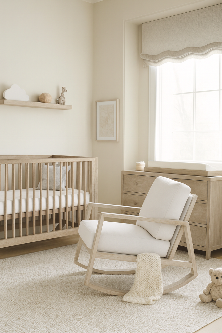 Baby Belle Harvey Rocking Chair with solid French oak frame and white cushions, styled in a luxury neutral nursery with cot and dresser – handcrafted nursing and feeding chair South Africa