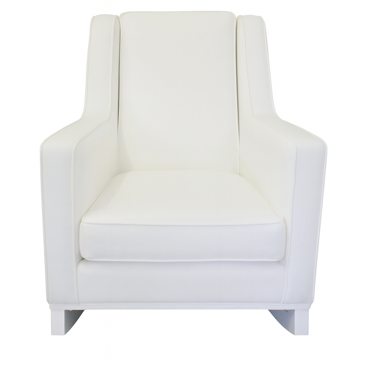 The Mathew Rocking Chair from Baby Belle, upholstered in white fabric with a modern wingback design, padded seat, and wooden rocking base, crafted for comfort and style in the nursery or living space.
