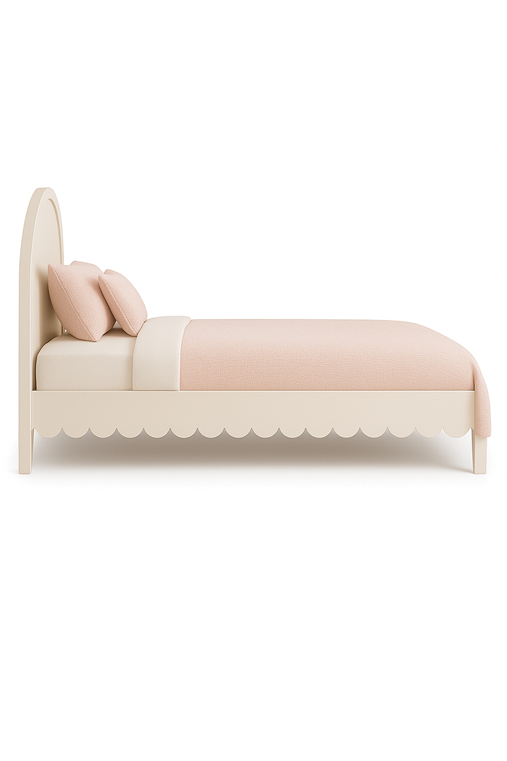 The Fleur Bed side view – elegant kids bed with arched headboard and scalloped side rails, finished in soft neutral tones by Baby Belle Kids Furniture