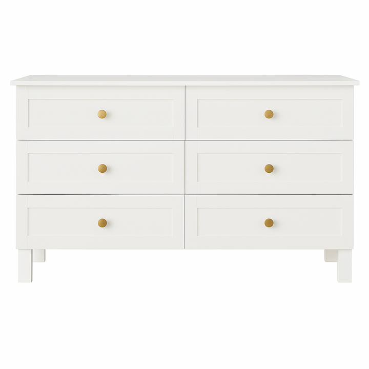 Front angle of handcrafted 1.5m Alexander Compactum in White with gold knobs, nursery compactum for South African homes