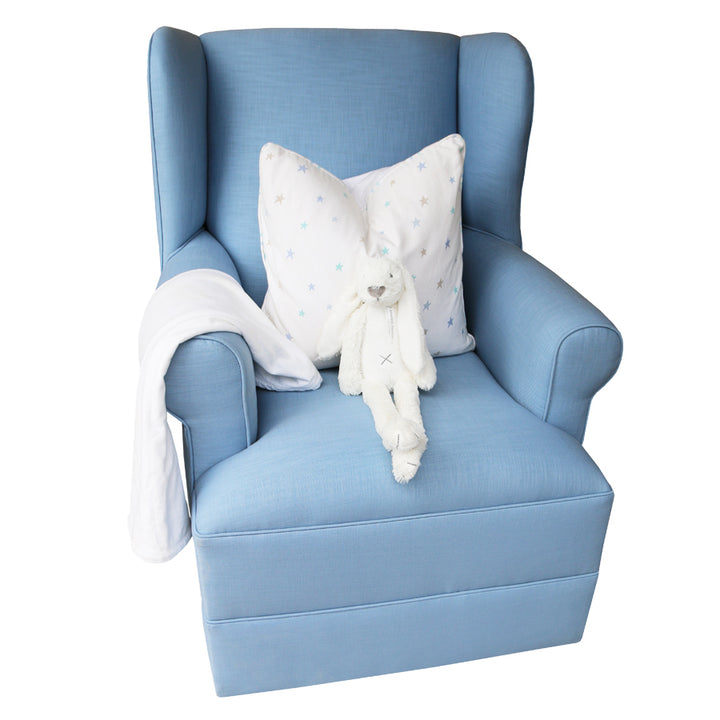 Baby Belle Entree Feeding Chair in blue fabric with classic wingback design, spacious seat, and optional glider base – handcrafted luxury nursing and feeding chair South Africa