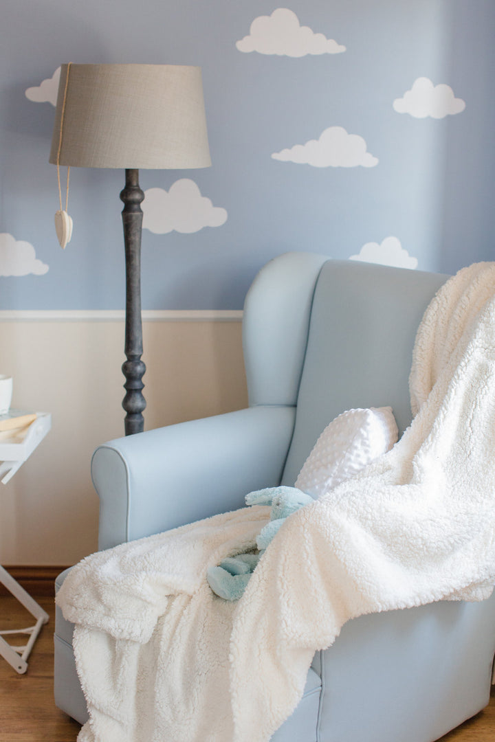 Baby Belle Entree Feeding Chair in light blue fabric with classic wingback design, extra-wide seat, and optional glider base – luxury nursing and feeding chair handcrafted in South Africa