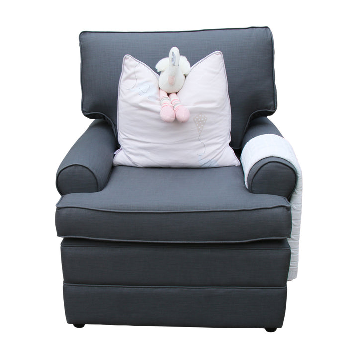 A front view of the Jetaime Chair, upholstered in rich charcoal fabric. The chair features a high cushioned backrest, soft rolled arms, and a deep padded seat, combining comfort with an elegant, timeless nursery style.