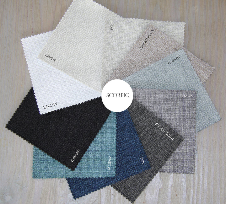 FibreGuard Scorpio fabric colour wheel with a curated range of durable, stain-resistant upholstery shades for Baby Belle luxury feeding and rocking chairs in South Africa